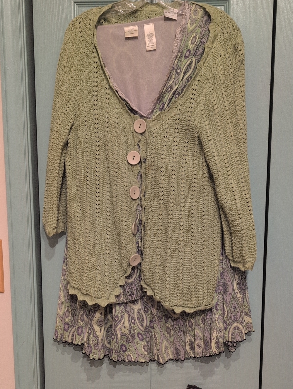 Emma James Light Green Crochet Cardigan with Paisley Three Piece Skirt Set